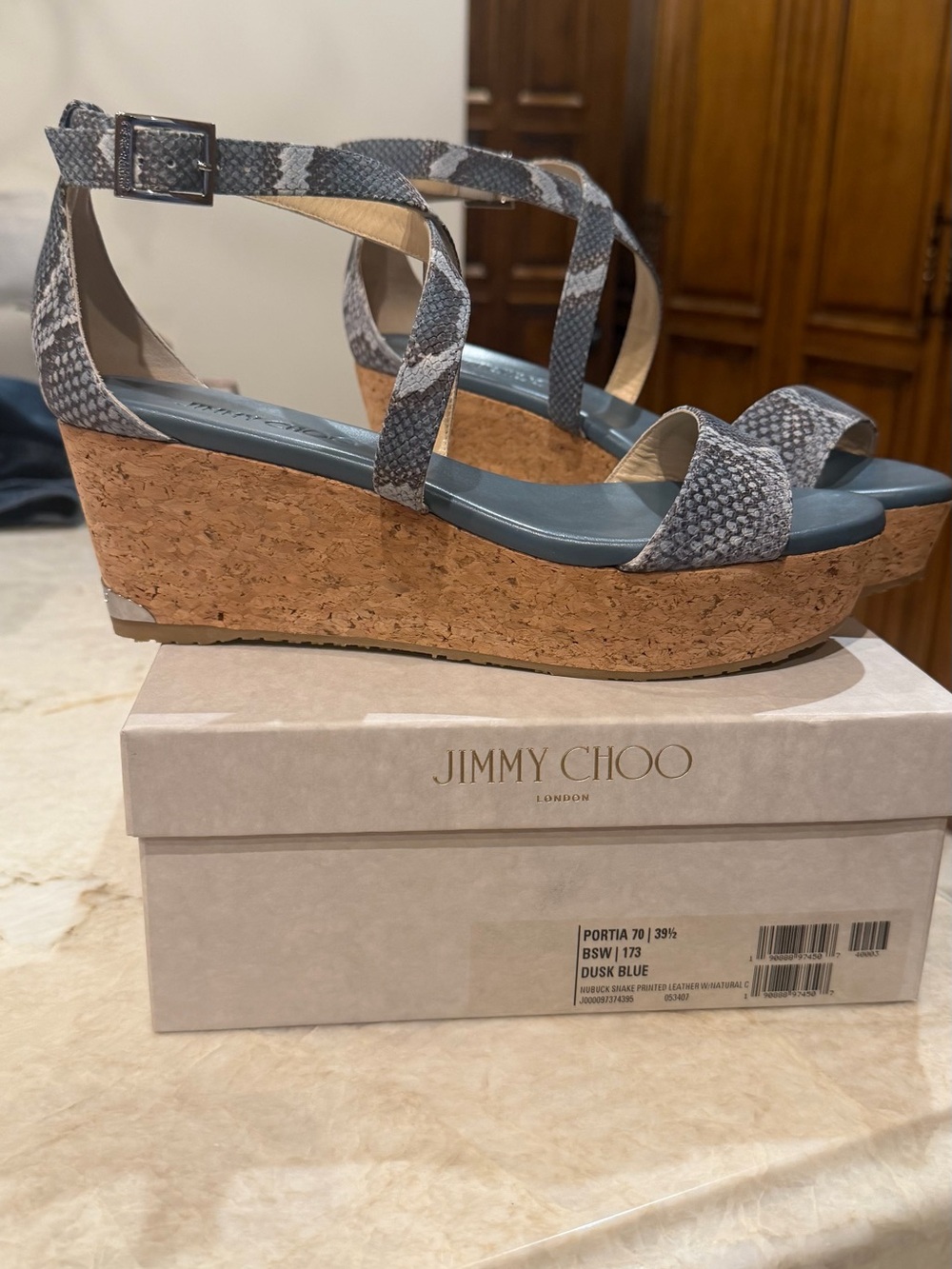 Jimmy Choo Dusk Blue Snake-Print Cork Wedge Sandals